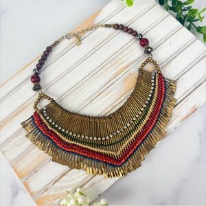 Nakamol Handmade Gold and Red Metal Fringe statement Bib Necklace